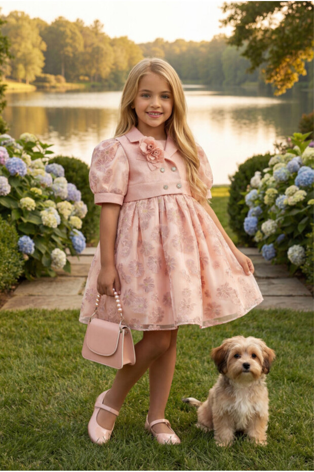 Floral Detailed Short Sleeve Bolero and Bag Evening Dress Girl's Ceremony Dress 3-4-5-6-7 Years Old 35369Pr