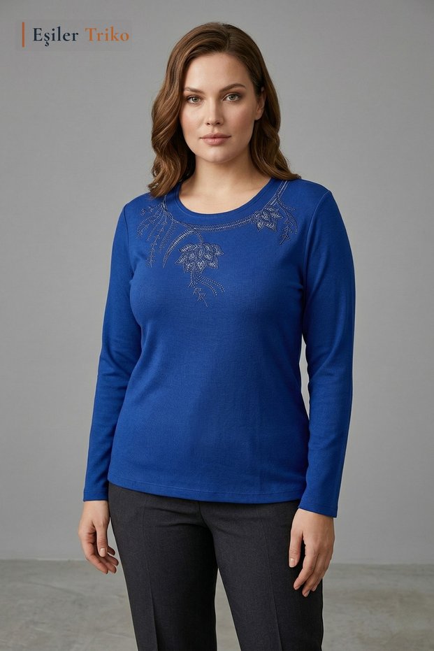Women's Parliament Double Gonca Pattern Collar Embroidered, Stoned Mother Combed Cotton Blouse