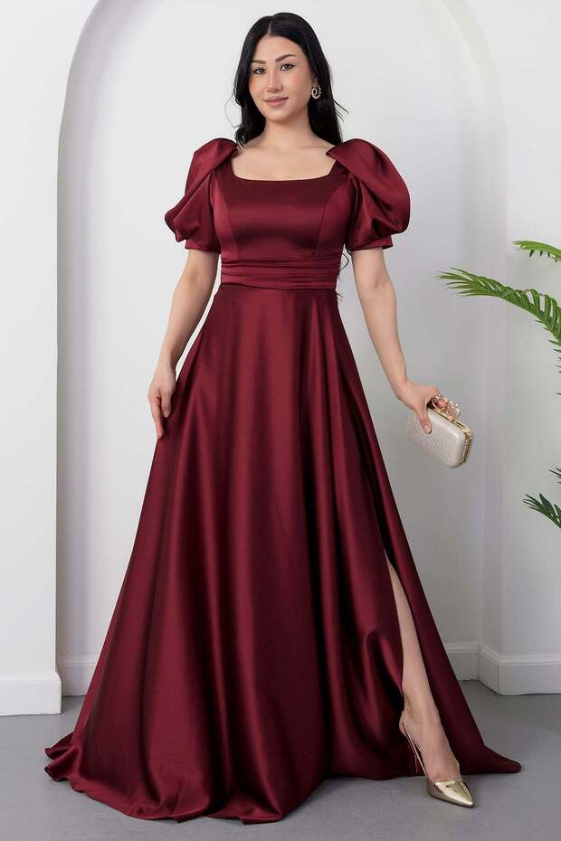 Square Neck Flounce Sleeve Long Satin Dress Drp570