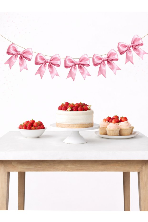 Pink Bow Banner Party and Birthday Decoration 5 Figures 10 - 12 cm