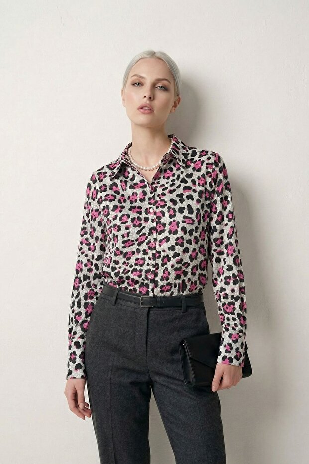 قميص MY FASHION بأكمام طويلة وطبعة جلد الفهد وأزرار