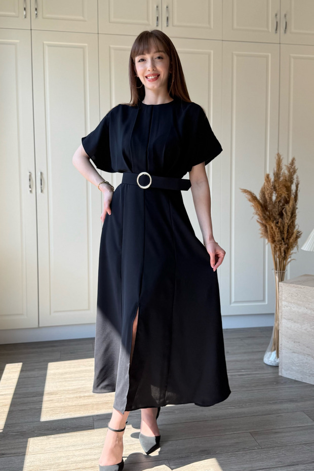 Belted, Draped Bust, Slit Midi Elegant Black Dress