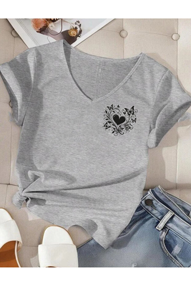 Flowering Butterfly Printed V-Neck Short Sleeve Summer Combed Cotton Women's Tshirt