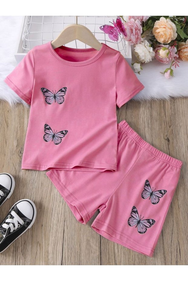 Summer Pink Butterfly Print Girls' Shorts Set