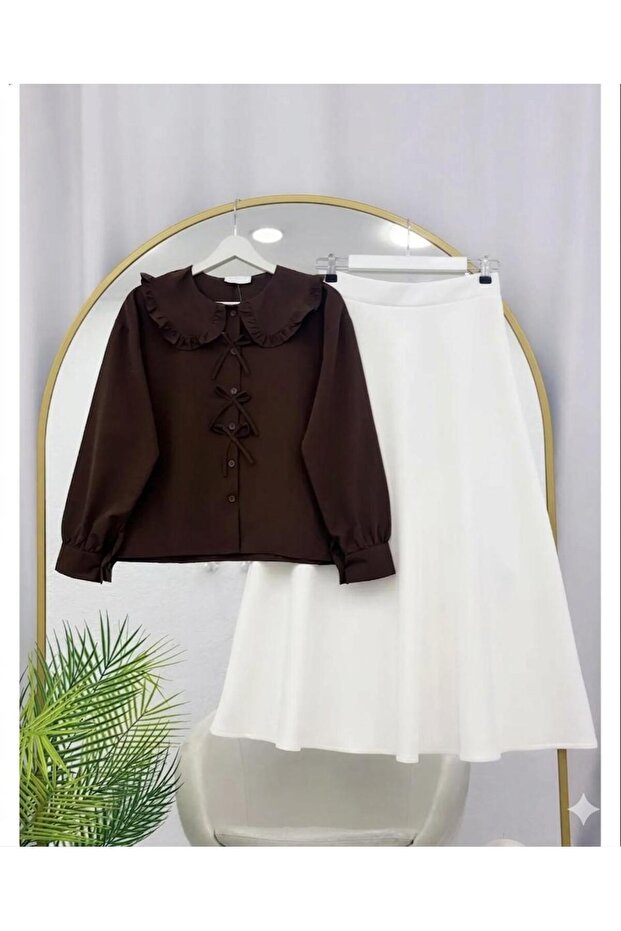 Shawl Collar Shirt with Bow Detail Skirt Set