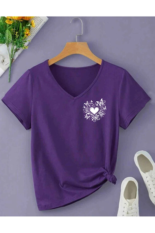 Flowering Butterfly Printed V-Neck Short Sleeve Summer Combed Cotton Women's Tshirt