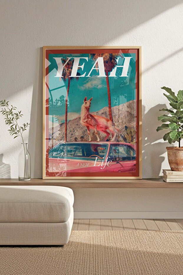 Dopamine Decor Retro Car and Lama - Surreal Poster with Wooden Frame