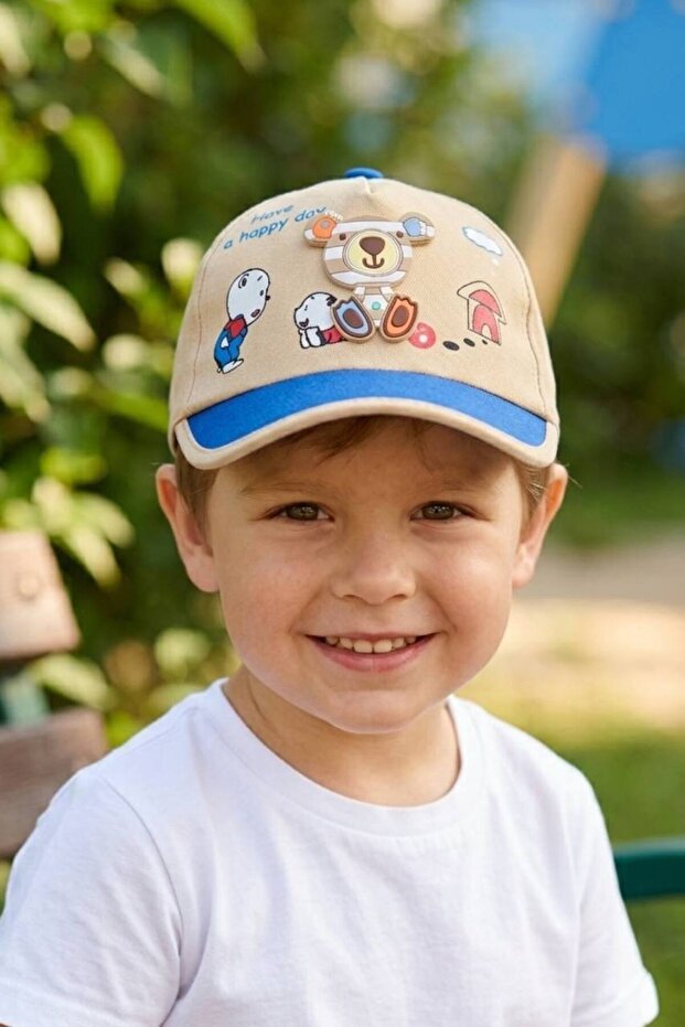 Fun Boy's Hat with 3D Teddy Bear Figure and Striped Detail