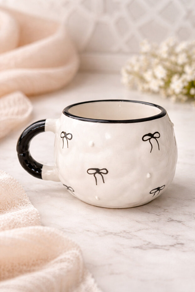Embossed Mug Black Bow Patterned Custom Embossed Fully Handmade Ceramic Mug