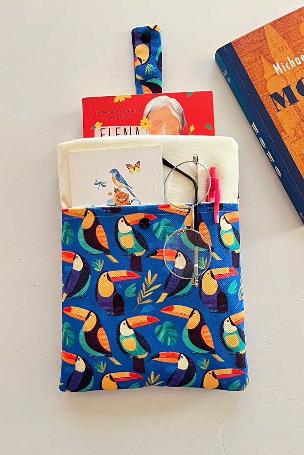 Toucan Bird Linen Book Cover with Pockets, Gift for Book Lovers