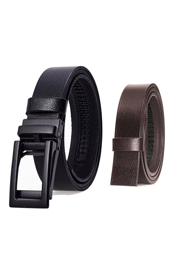 Automatic Buckle, No Holes, 100% Genuine Buffalo Leather Classic Men's Belt, Black Belt and Brown Stripe