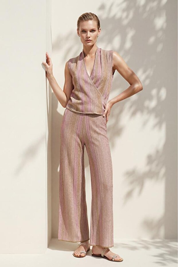 Double-Breasted Collar Patterned Glittery Pink Blouse - 2