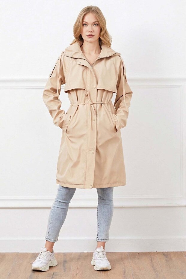 Shoulder Detailed Hooded Belted Trench Coat