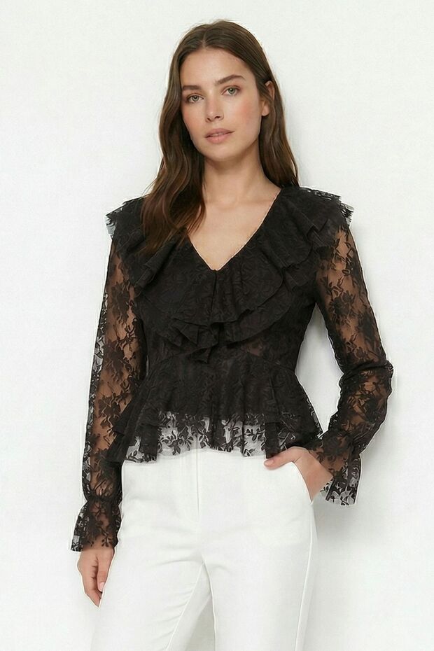 Black V-Neck Ruffled Lace Front Blouse 8490