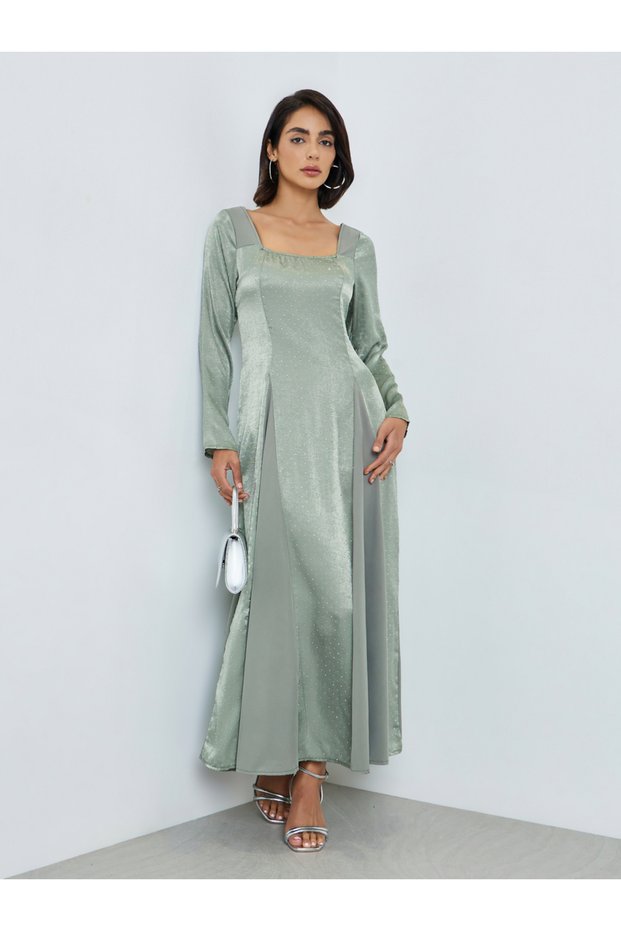 Green Dot Print Square Neck Maxi Dress