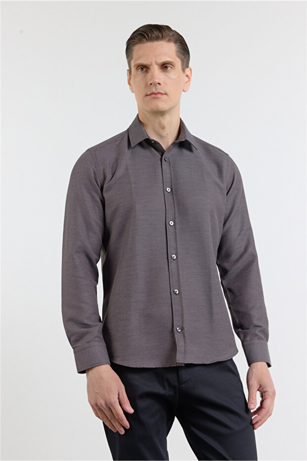 Brown-White Self-Patterned Hard-Collar Long-Sleeve Pocketless Slim Fit Cotton Shirt 1004255218