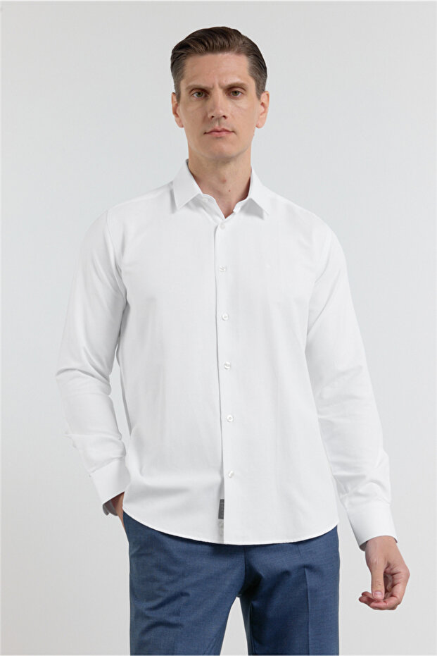 White Hard Collar Long Sleeve Pocketless Slim Fit Cotton Shirt 1004255284