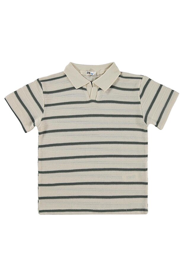 Polo Collar Striped T-Shirt for 10-13 Years Old - Khaki