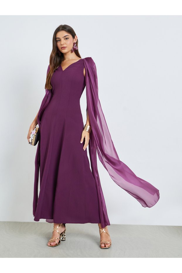 Purple Sleeveless Draped Detail A-Line Maxi Dress