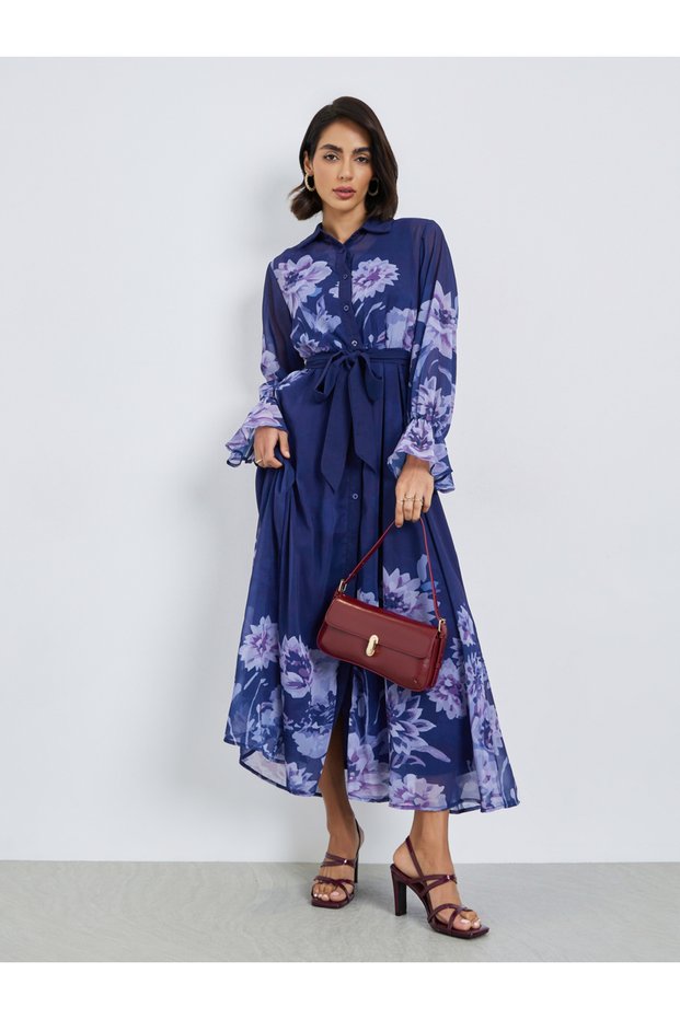 Blue Floral Maxi Dress with Tie-Belt