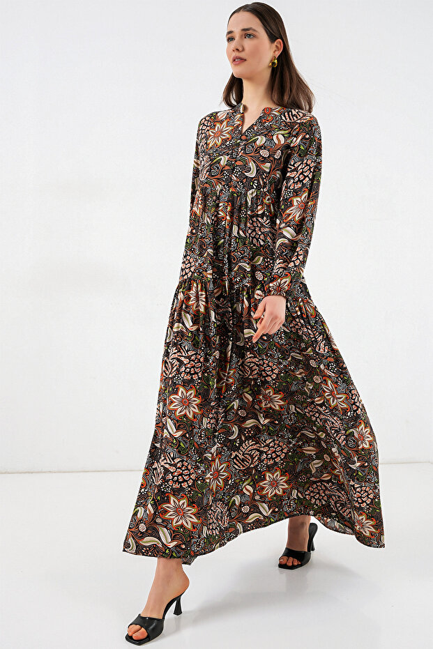 Women's Patterned Long Hijab Dress 2585 - L. Black