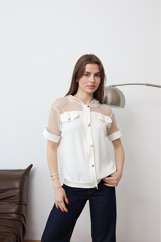 Women's White Mesh Detailed Hooded Short Sleeve Blouse Sn186