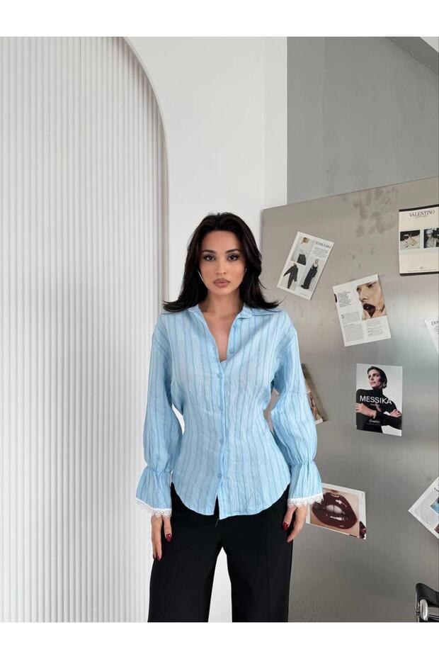 Women's Blue Back Tie Lace Detailed Corset Shirt Elt063