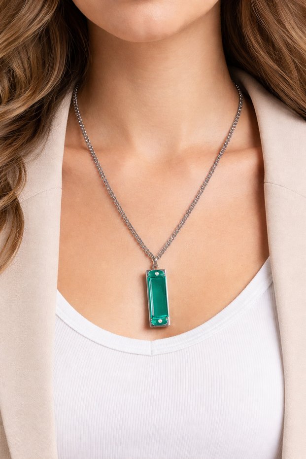 Unisex Green Harmonica Necklace Metal 60 cm Chain Sound Design Accessory