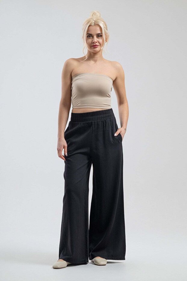 Women's Black Elastic Waist Wide Leg Comfort Pants