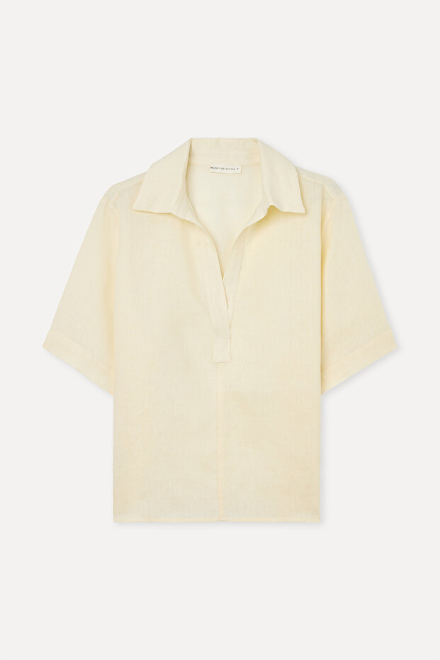 Women's Yellow V-Neck Short Sleeve Linen Blouse