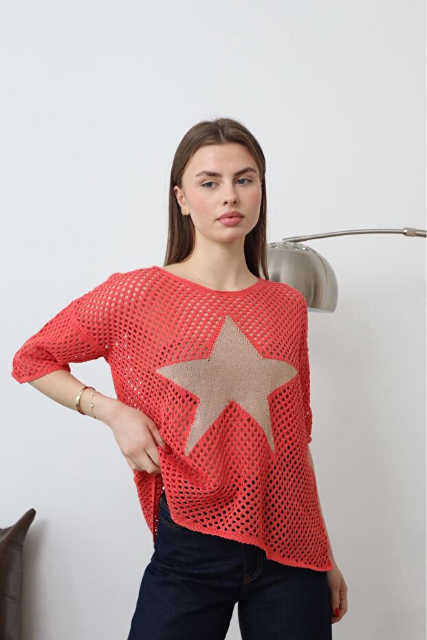 Women's Pomegranate Flower Star Detailed Mesh Knit Blouse Sn190