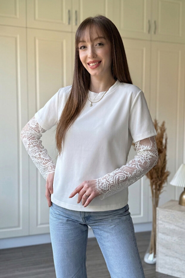 Modal White Blouse with Lace Detail on the Sleeves