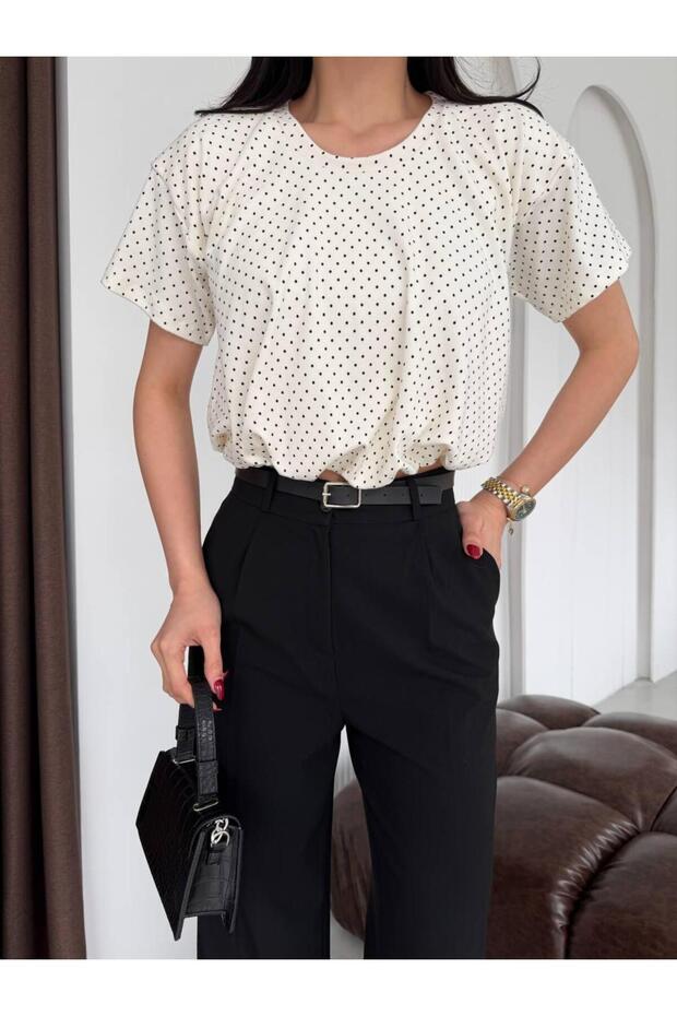 Women's Ecru Short Sleeve Balloon Blouse Elt5072