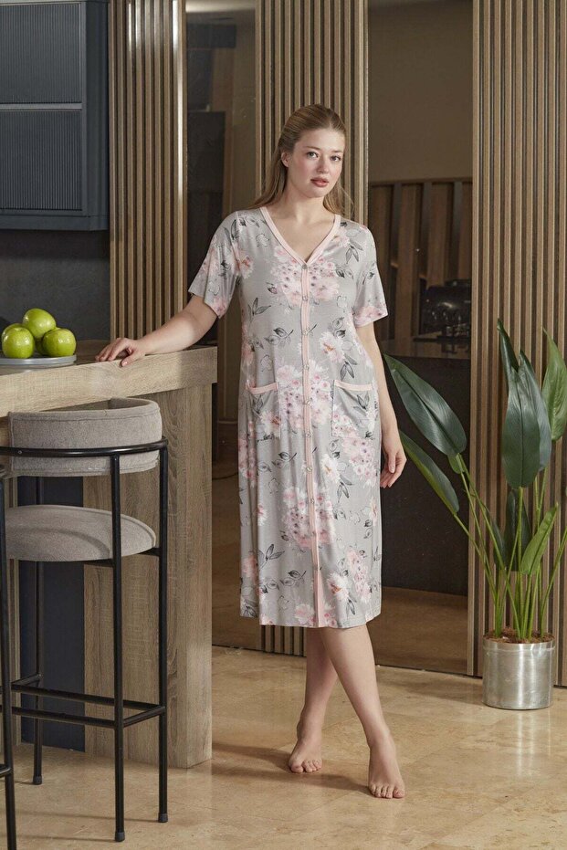 Short Sleeve Patterned Pocket Detail Comfortable Fit Home Dress Cossybyaqua 26589-48
