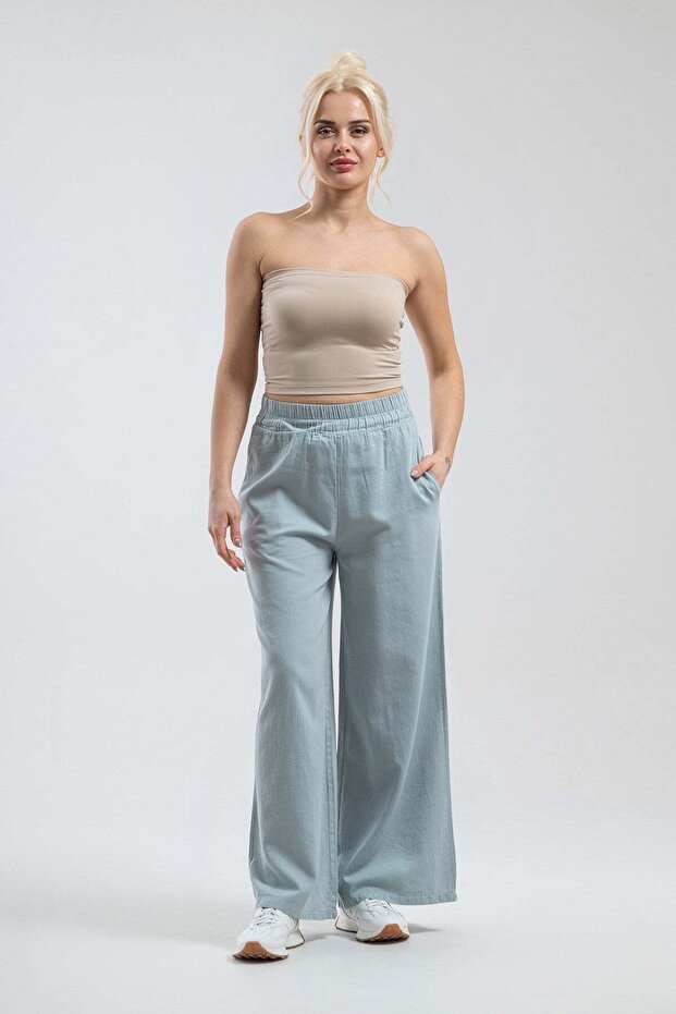 Women's Water Green Elastic Waist Wide Leg Comfort Pants