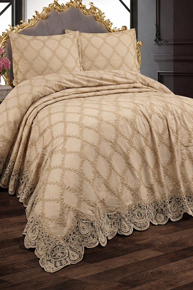 Dora French Laced Dowry Double King Size Pique Cover Set / Bedspread Set 3 Pieces