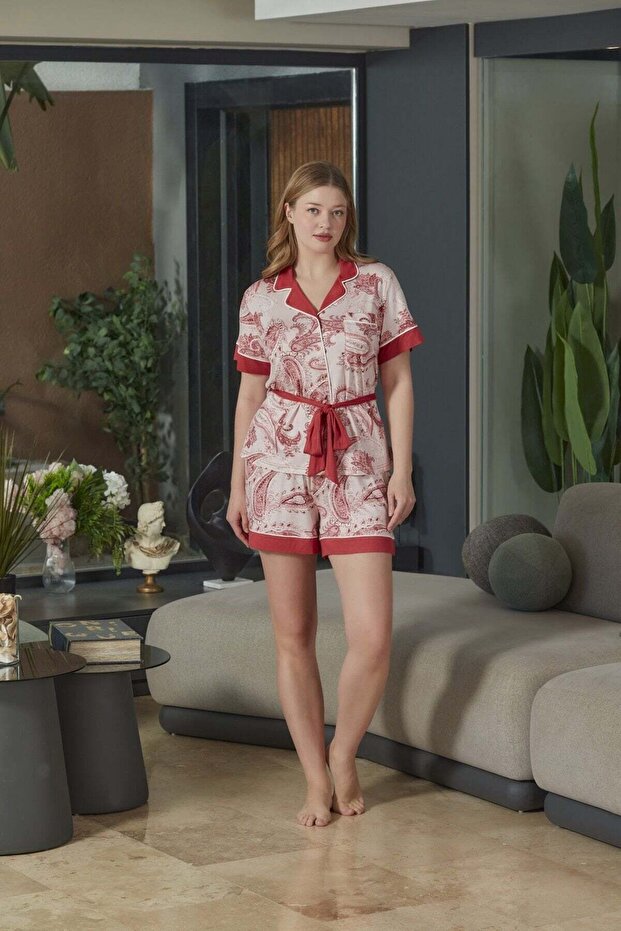 Shirt Collar Belt Detail Short Sleeve Pajama Shorts Set Cossybyaqua 26689-38