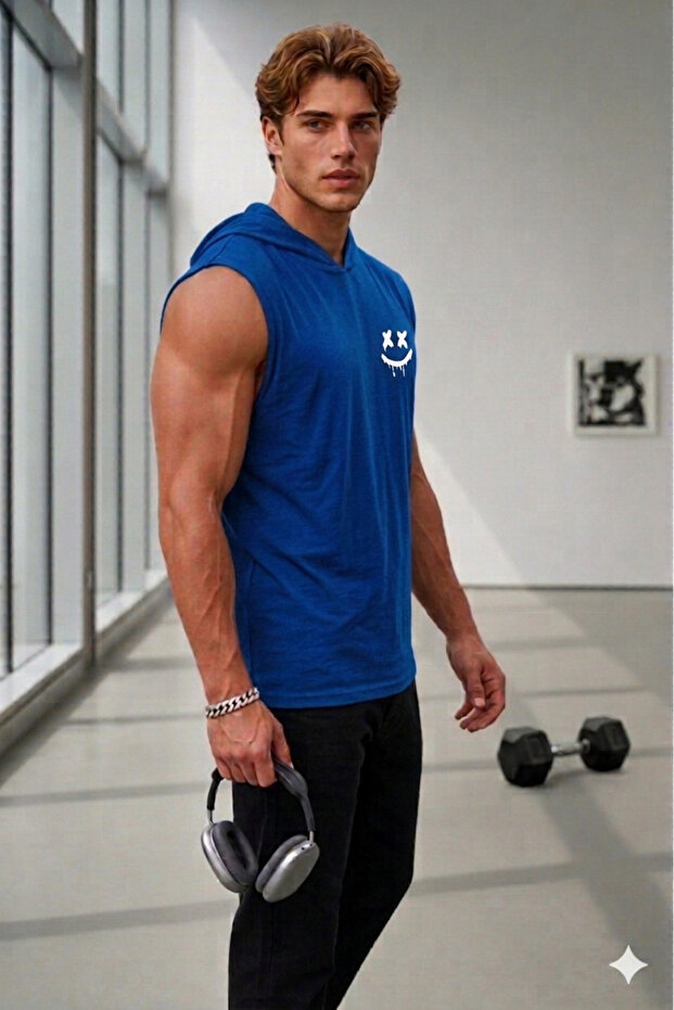 Men's Sax Blue Hooded Sleeveless Undershirt Smiley Printed Tshirt