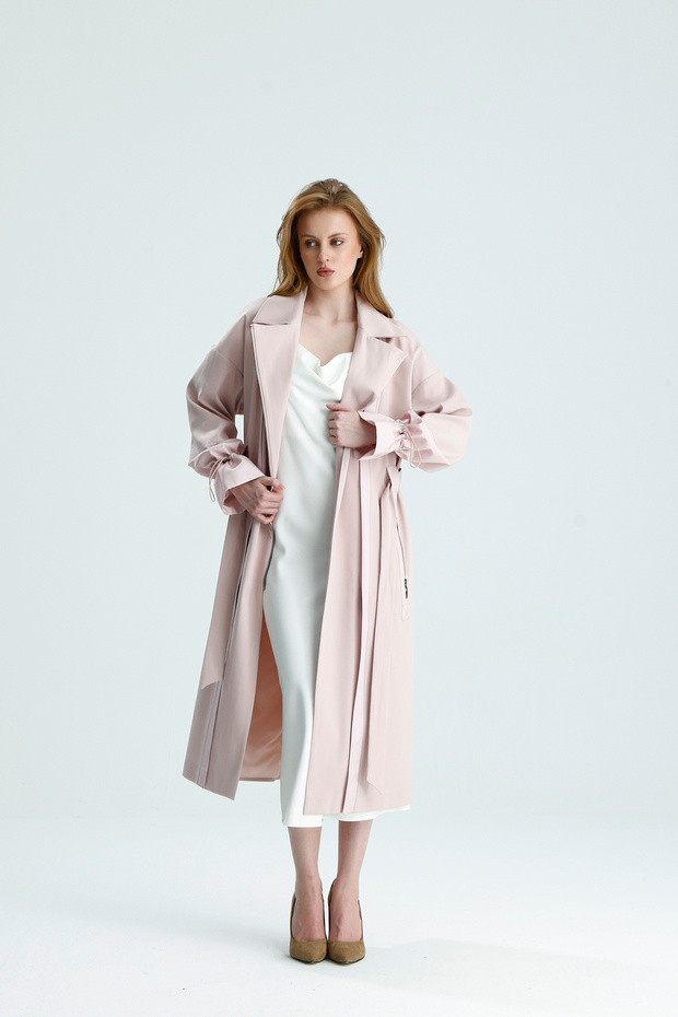 Powder Pink Color Zippered Trench Coat Gabardine Fabric