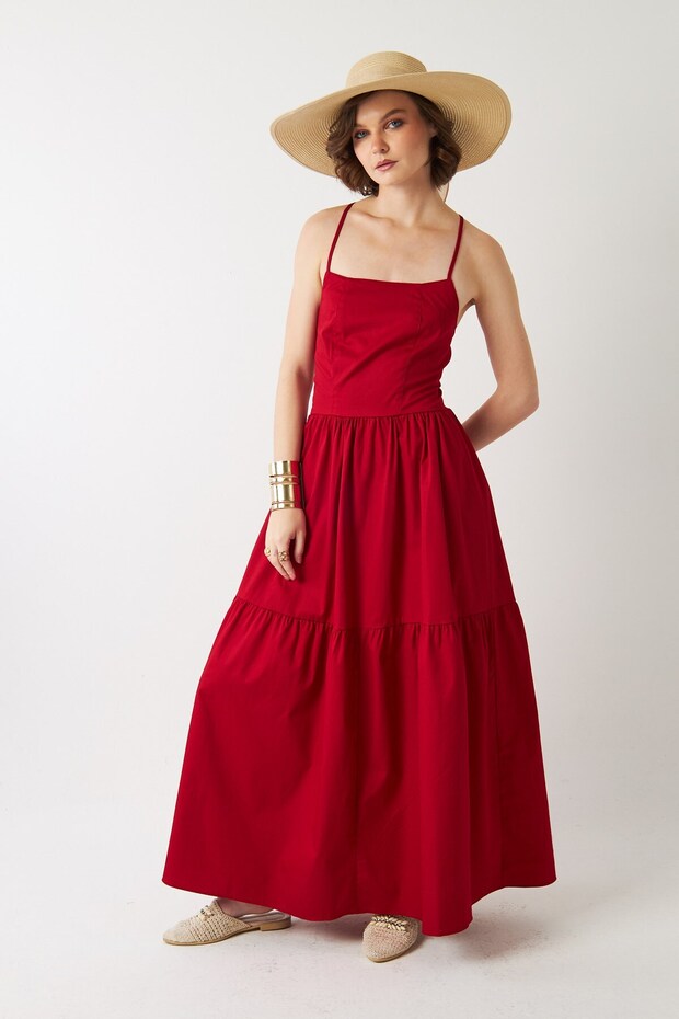 Women's Backless Strappy Long Dress Red – Poplin, Tie Detail, Cotton Satin
