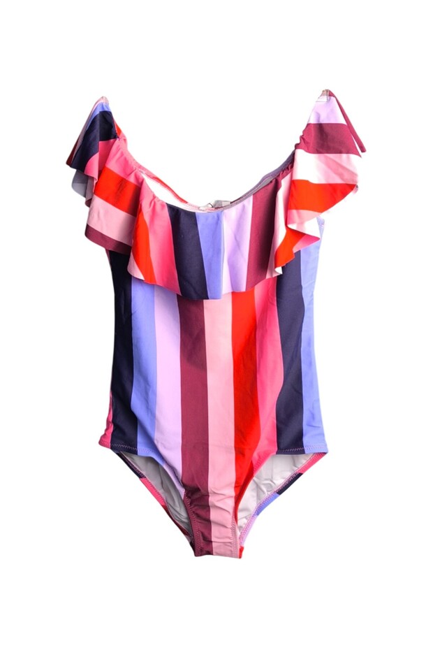 Color Block Striped Patterned Ruffled Shoulders Girls' Swimsuit