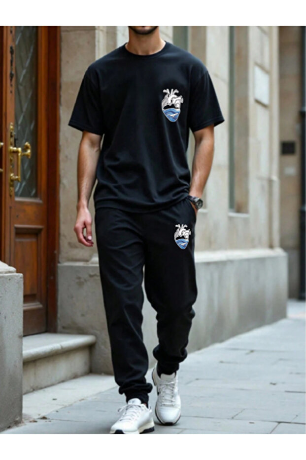 Heart Printed Oversized T-Shirt and Pants Two-Piece Set - Summer Fabric Men's Top-Bottom Set