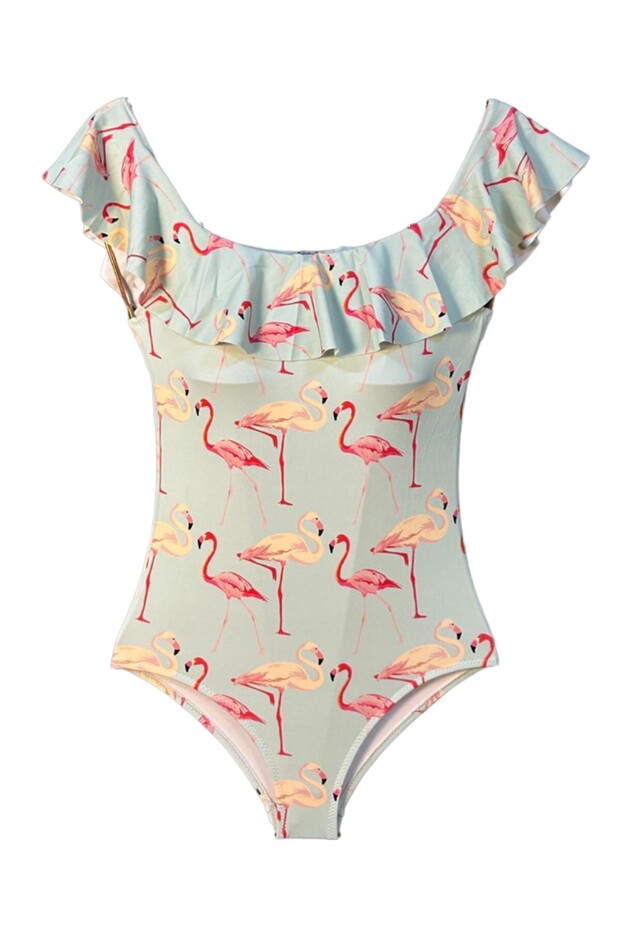 Mint Green Flamingo Patterned Flounce Girls' Swimsuit
