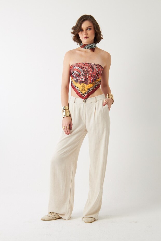 Women's Verona Trousers Ecru – High Waist, Pleated Wide Legs, Button Detail, Modern Cut, Linen