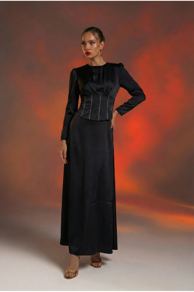 Women's Black Satin Corset Detailed Stone Embellished Long Sleeve Evening Dress & Graduation Gown