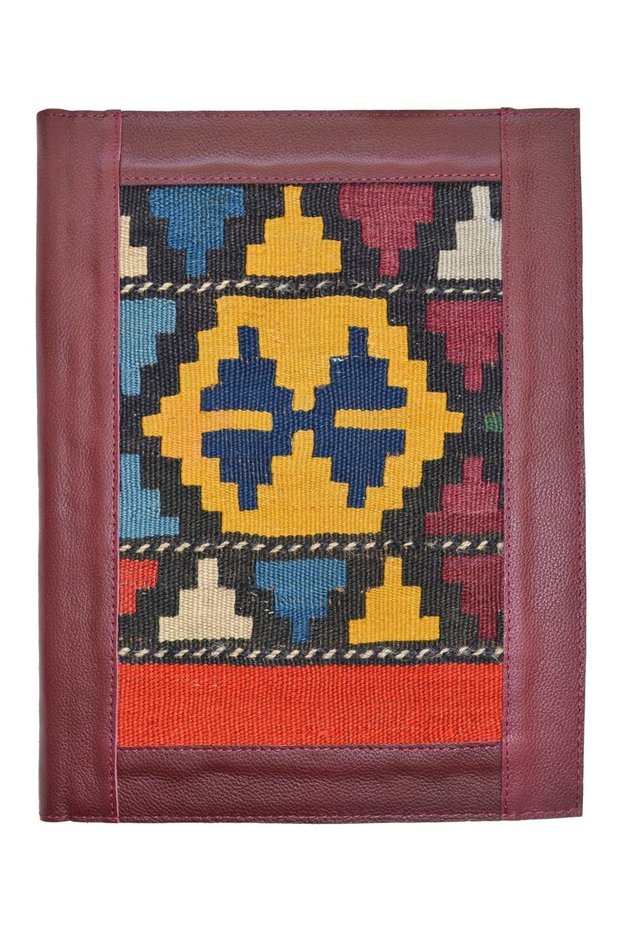 Antique Kilim Detailed A4 Size Burgundy Color Leather Organizer