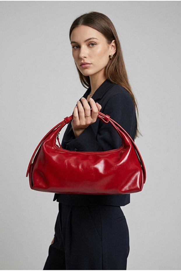 Women's Burgundy Color Patent Leather Hand and Shoulder Bag Shiny Stylish Daily Use