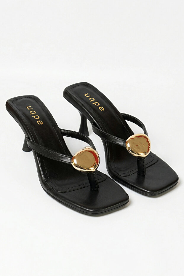 Nila Gold Accessory Flip-Flop Goblet Heeled Slippers - Black Leather