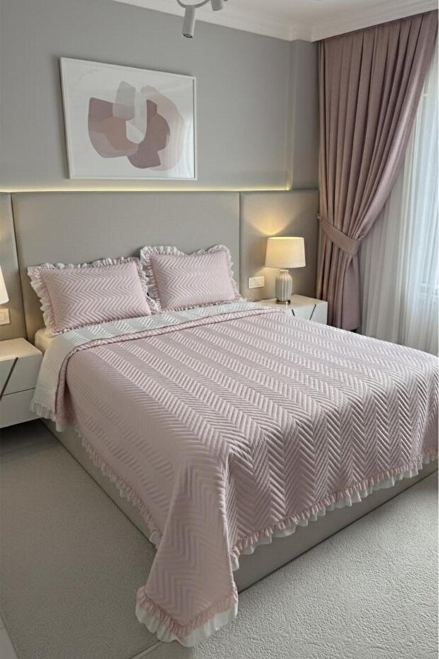 غطاء سرير مزدوج من جونكا ذو وجهين مقاس 230×250 بودرة