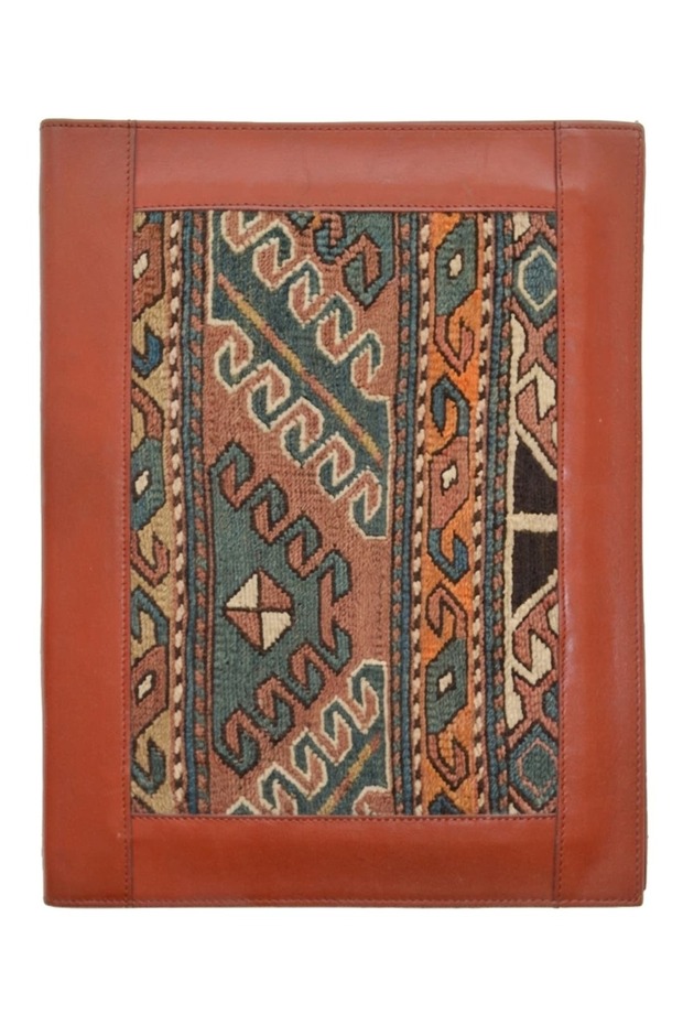 Antique Kilim Detailed A4 Size Tan Color Leather Organizer
